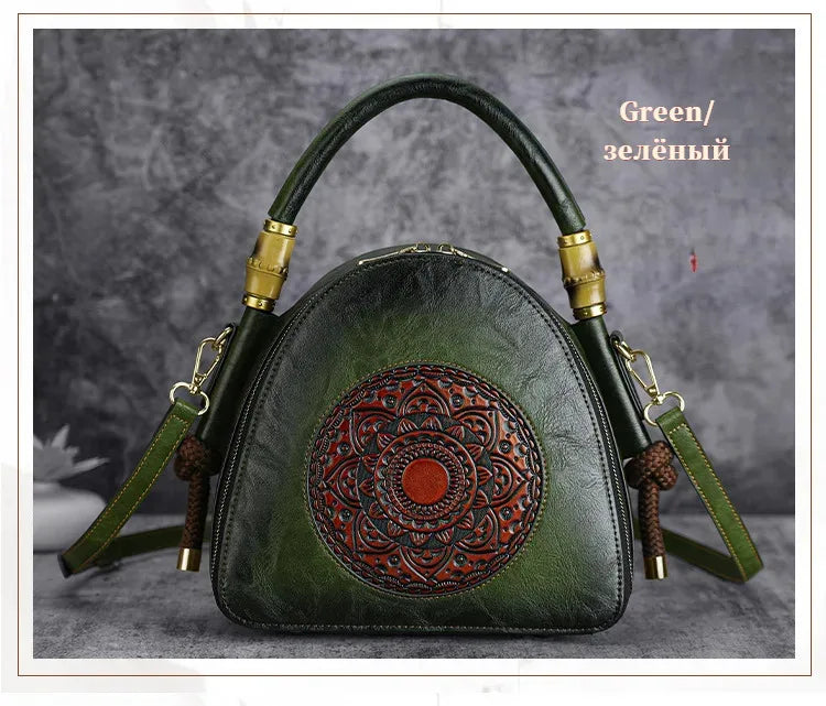 MOTAORA Bamboo Top Handle Embossed Leather Shoulder Bag, Vintage Bohemian Crossbody Purse for Women Handmade Large Capacity Tote
