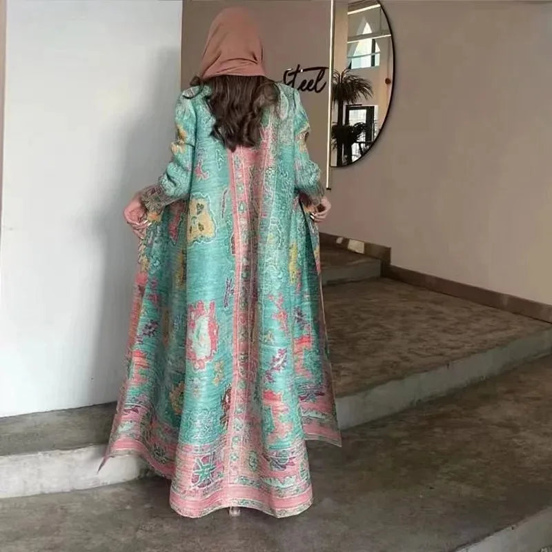 KAF Pleated Women Luxury Trench 2025 Spring Fall New Vintage Printed Cardigan Design Loose Large Size Arabian Female Abaya
