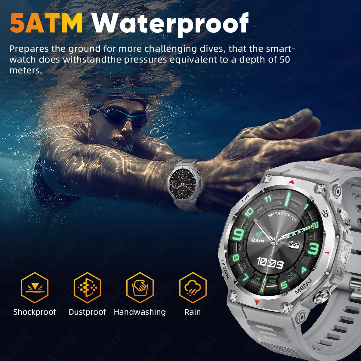 LIGE New 1.43 inch AMOLED Screen Smart Watch 525mAh Big Battery BT Call IPX8-5ATM Waterproof Sports Smartwatch For Android ios