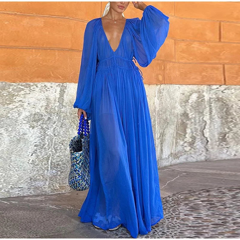 Elegant Pleated Lantern Sleeve Mid-Calf Dress – Women’s O-Neck Holiday Beach Outfit