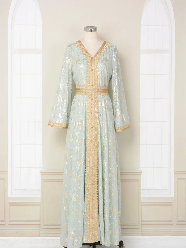 KAF Dubai Luxury Evening Party Dress 2025 Spring Fall New V-neck Long Sleeve Retro Printing Design Loose Large Size Female Abaya