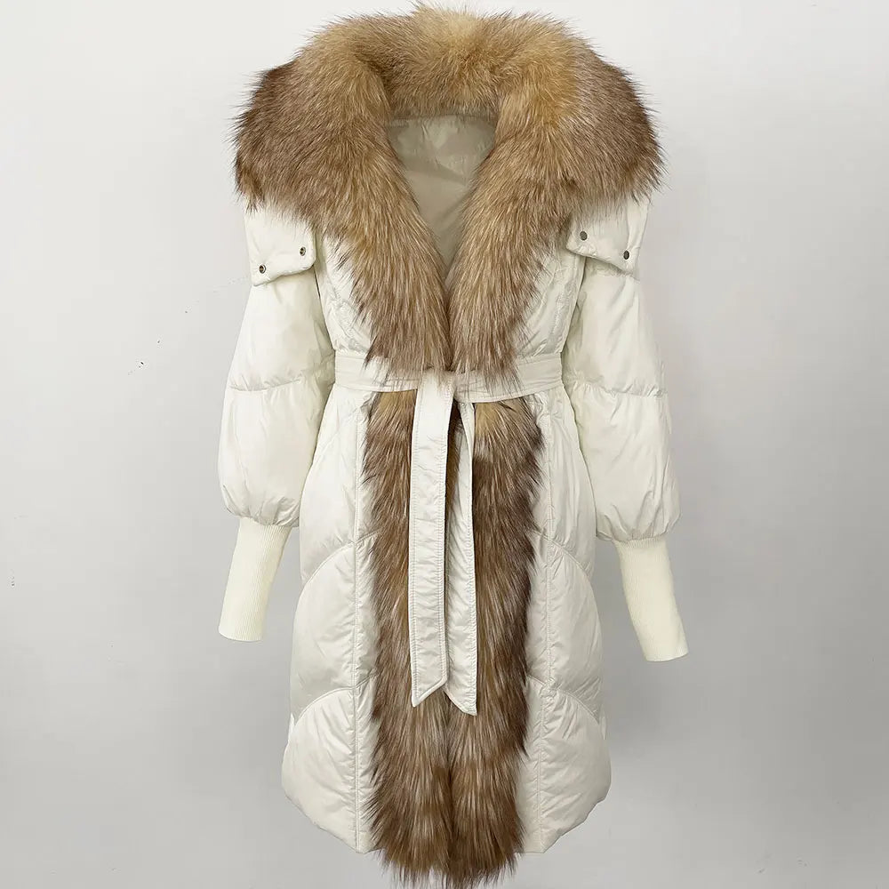 2025 Autumn Winter Women Coat Real Natural Fox Fur Long Down Jacket Thick Warm Casual Hooded White Duck Down Elegant Overwears