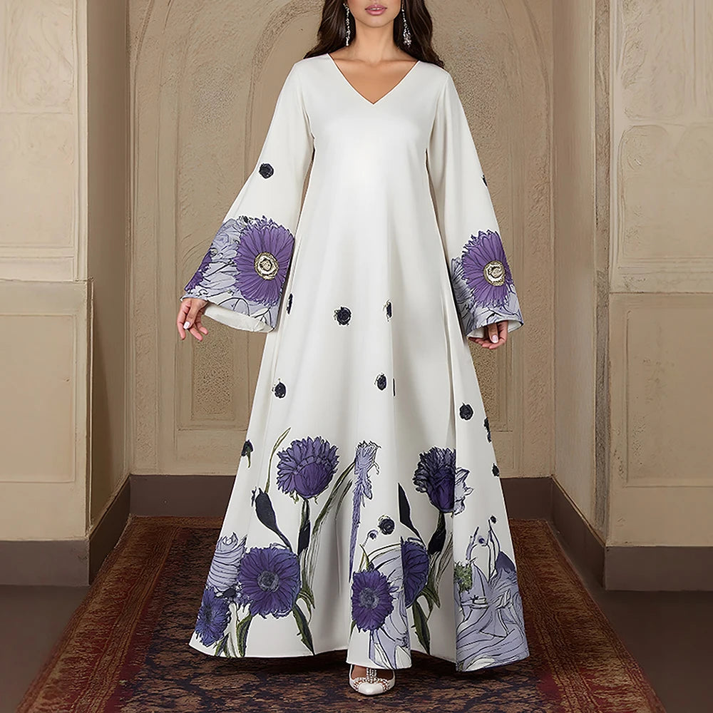 Rafiah Women's Dresses Summer Fashion Elegant 2025 Floral Cultural Long Sleeve V-Neck A-Line Vacation Long Dress
