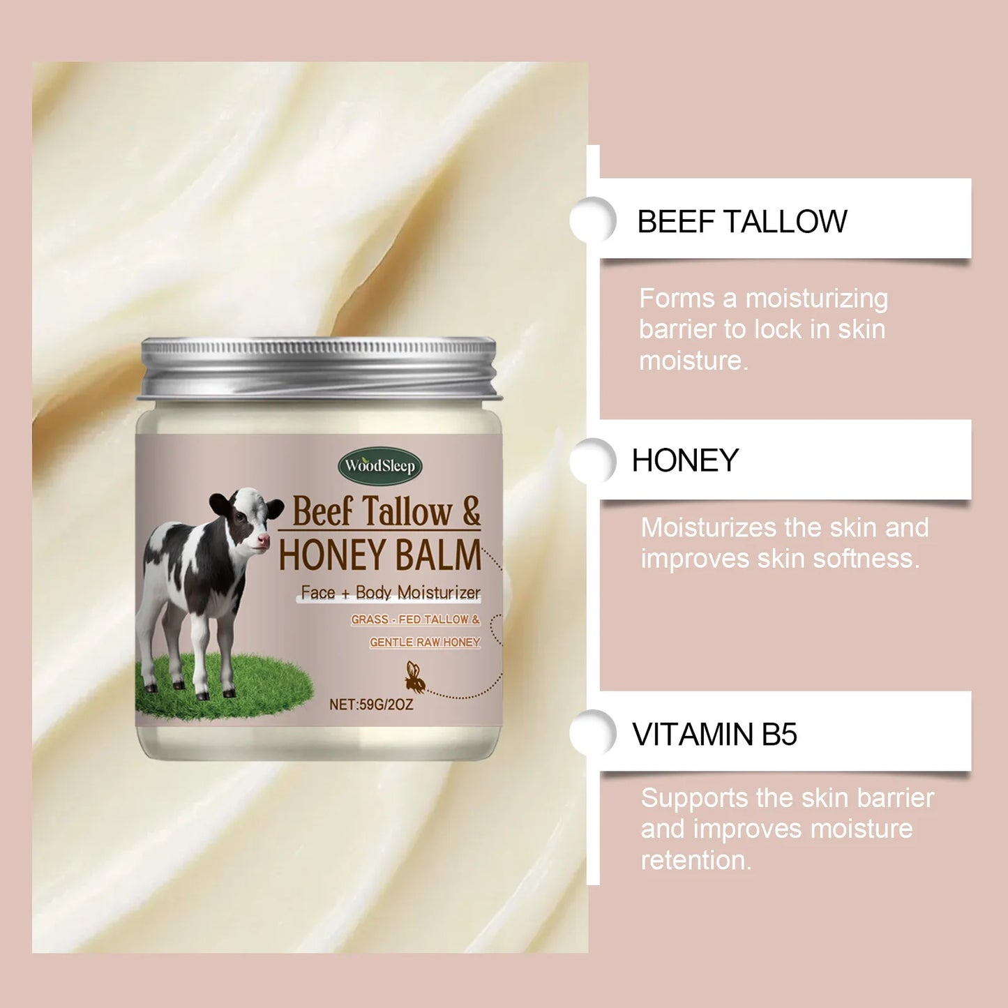 Organic Beef Tallow Honey Moisturizer Grass Fed Beef Tallow Face Cream Soothing Firm Increase Elasticity Whipped Smooth Lotion