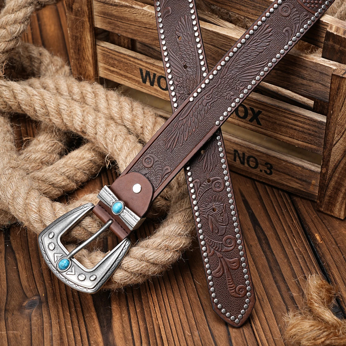 Men Women-Western-Cowboy-PU Leather-Belts - Vintage Belt Floral Engraved Buckle Belt for Jeans