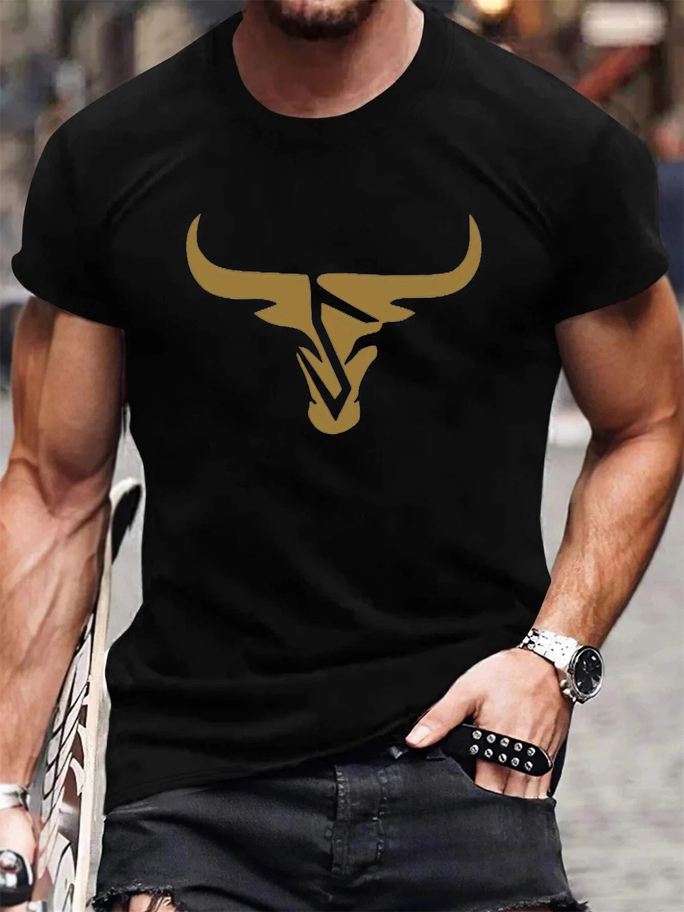 Summer men's 100% pure cotton casual loose fit plus size bull pattern printed comfortable round neck short sleeved T-shirt top