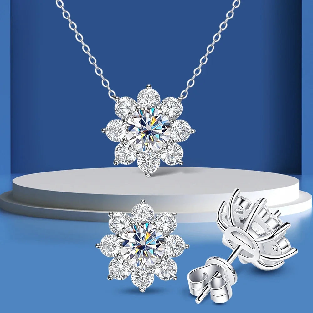925 Sterling Silver Original Certified 2cttw Moissanite Jewelry Sets For Women Sunflower Pendant Necklace Earring Fine Jewelry
