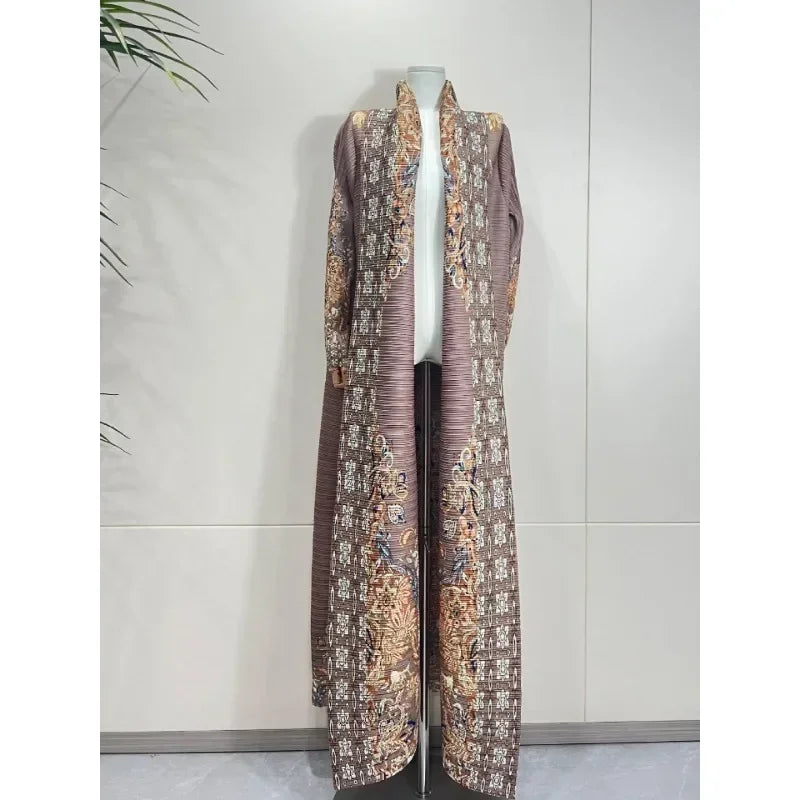 KAF Pleated Women Trench Coat Vintage Printed Cardigan Design Loose Plus Size Women Long Dress Dubai Female Luxury Abaya 2024