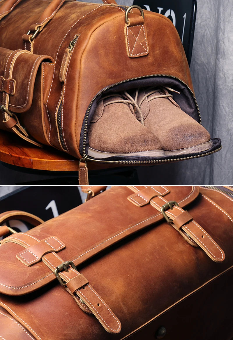 MUNUKI Vintage Crazy Horse Genuine Leather Travel bag Large Luggage bag men Leather duffle bag Large Weekend Bag Tote Big