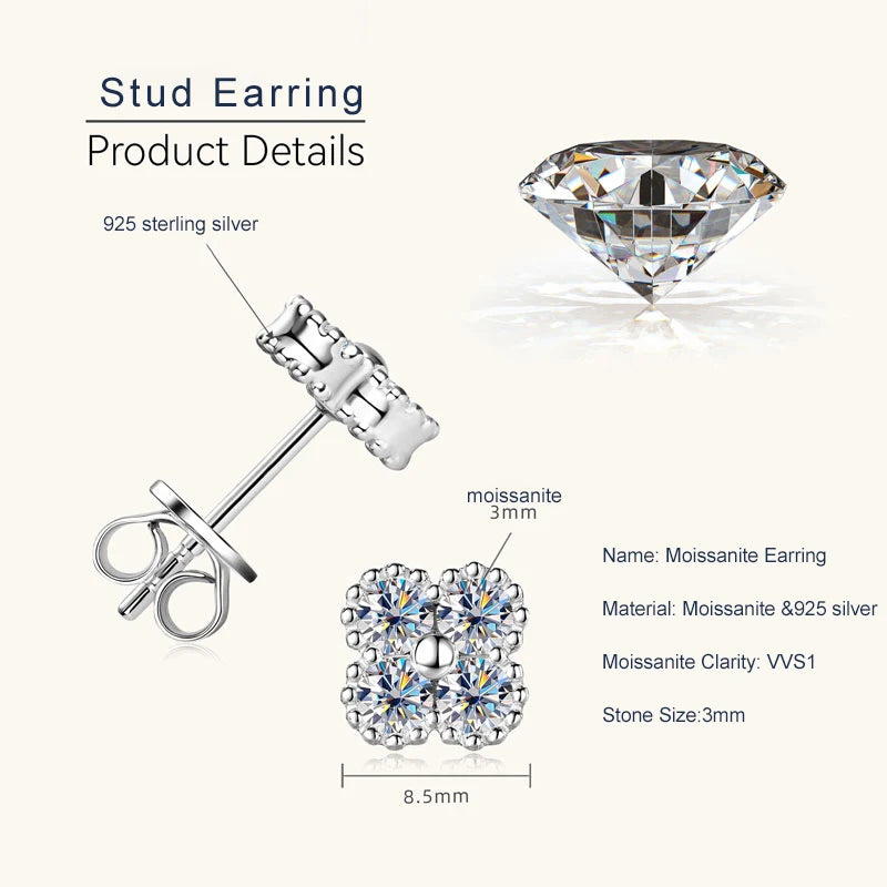 Lnngy Certified Four Leaf Clover 3mm Moissanite Earrings For Women 925 Sterling Silver Stud Earrings Moissanites Jewelry Gift