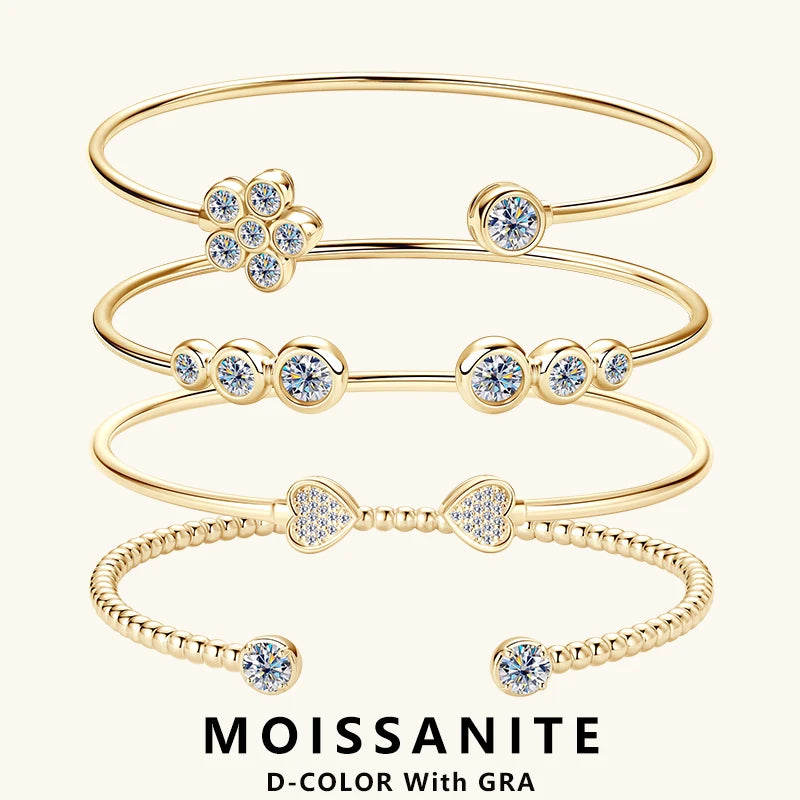 Lnngy Sparkling Moissanite Bracelets For Women Girl Original and Pure 925 Sterling Silver Cuff Bracelet Open Wrist Jewelry Gift