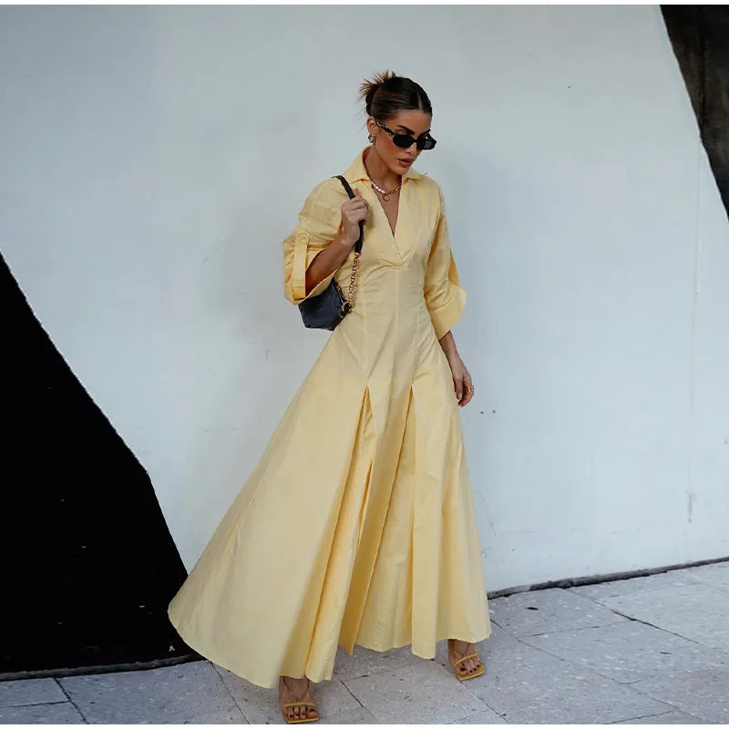 Elegant Lapel Waist-Cinched Pleated Shirt Dress – Women’s Half Sleeve Floor-Length Summer Style