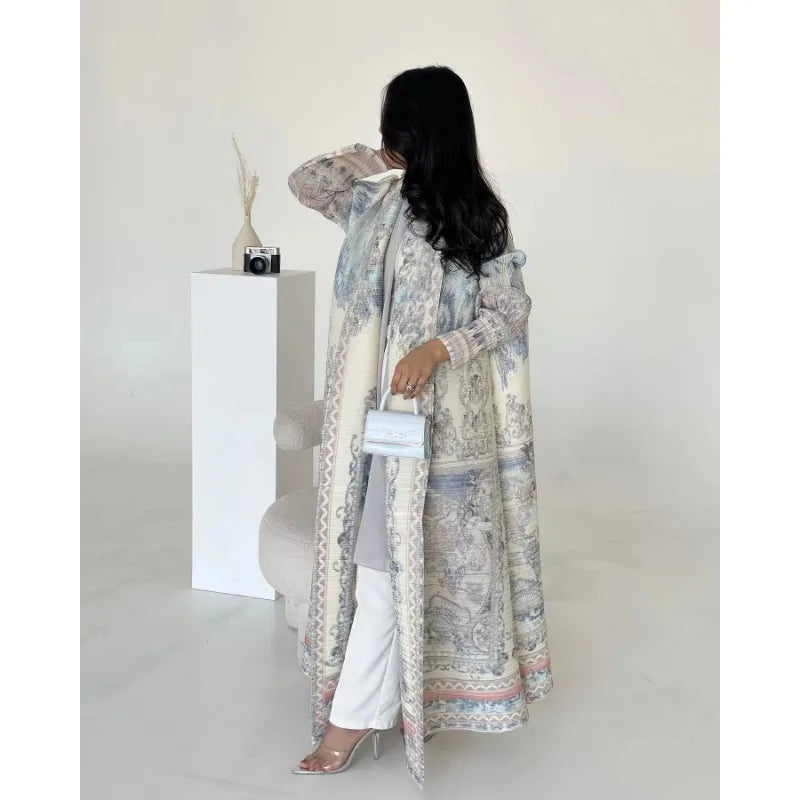 KAF Women Large Size Abaya 2025 Spring Autumn New Retro Printing Cardigan Tie Original Design Dubai Luxury Female Abaya