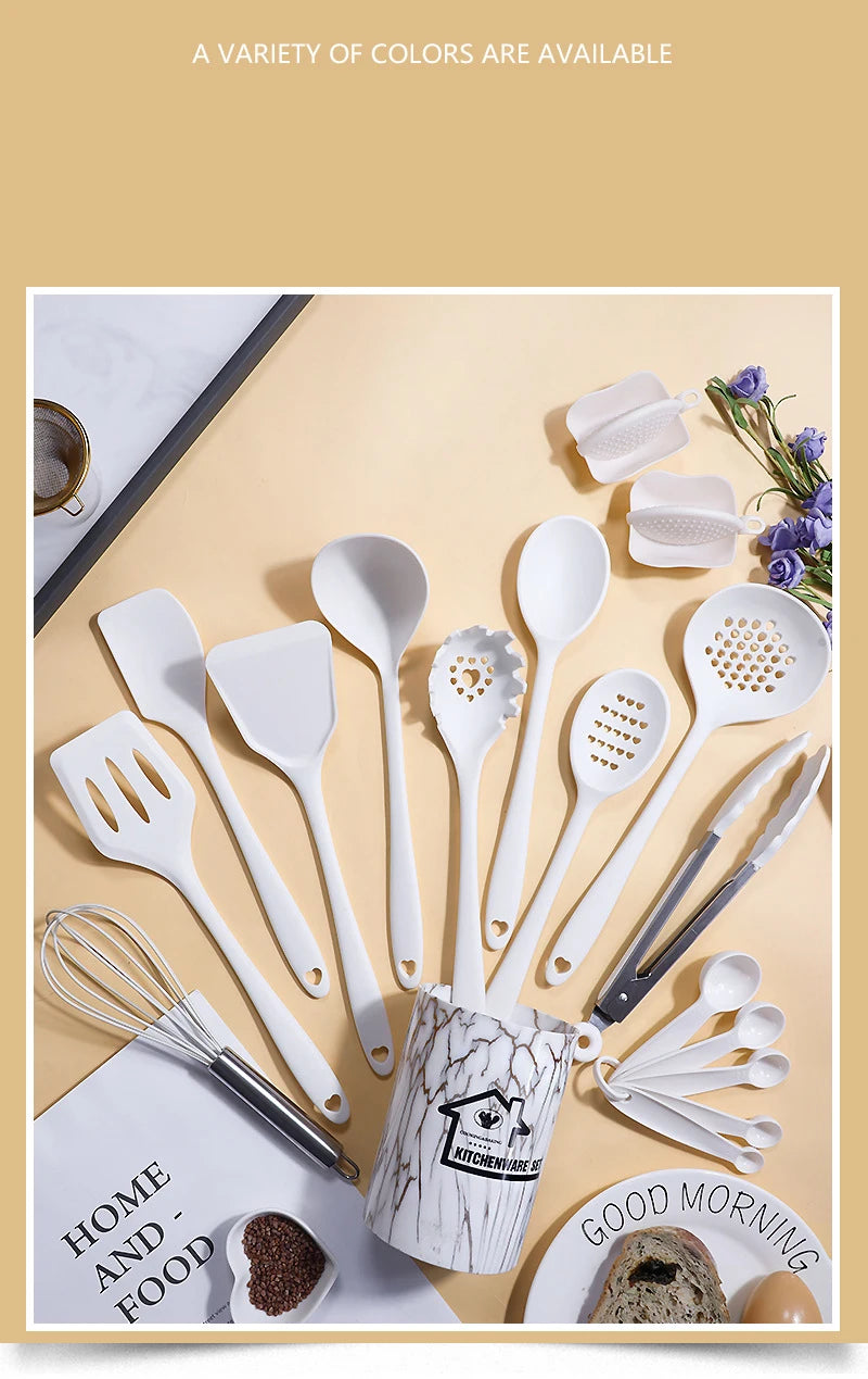 Pink 18Pcs Food Grade Silicone Kitchen Cookware Utensils Turner Spatula Measuring Spoon Practical Cooking Tool Kitchenware Set