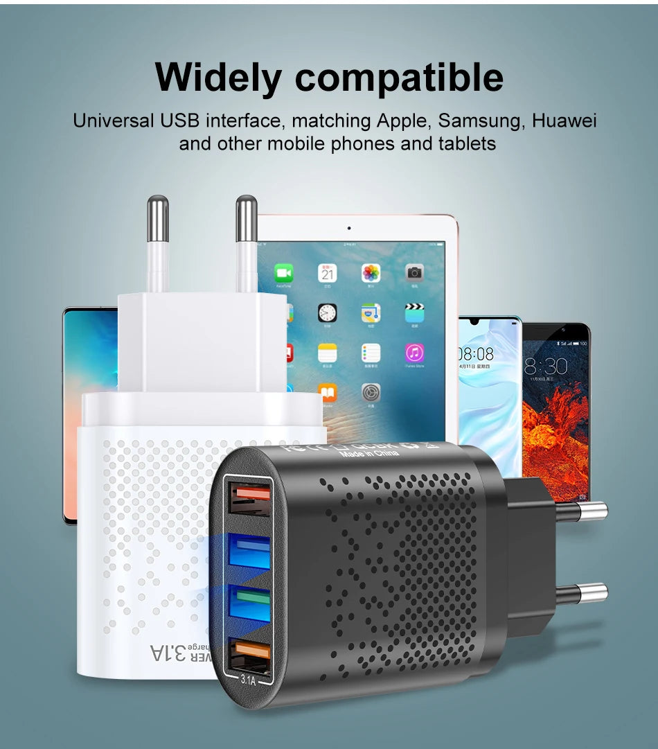 3.1A USB Charger Mobile Phone Adapter 4 Ports Multi Charger UK/US Plug Wall Charger For Huawei Xiaomi Redmi POCO Tablets Laptops