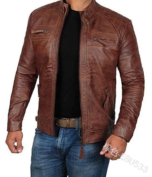 Men's Biker Leather Jacket Stand-up Collar Punk Leather Jacket Motorcycle Wear Leather Zipper Jacket Coat Hip Hop Streetwear