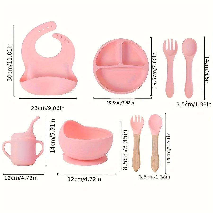 Silicone Baby Feeding Set Microwave Oven Safe for 0-3 Years Includes Suction Plate Soft Bowl Spoons Forks Bib Snack Cup