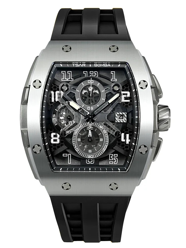 TSAR BOMBA Luxury Mens Watch Top Brand Wristwatch Tonneau Clock Rubber Strap Chronograph Sapphire Watches for Men