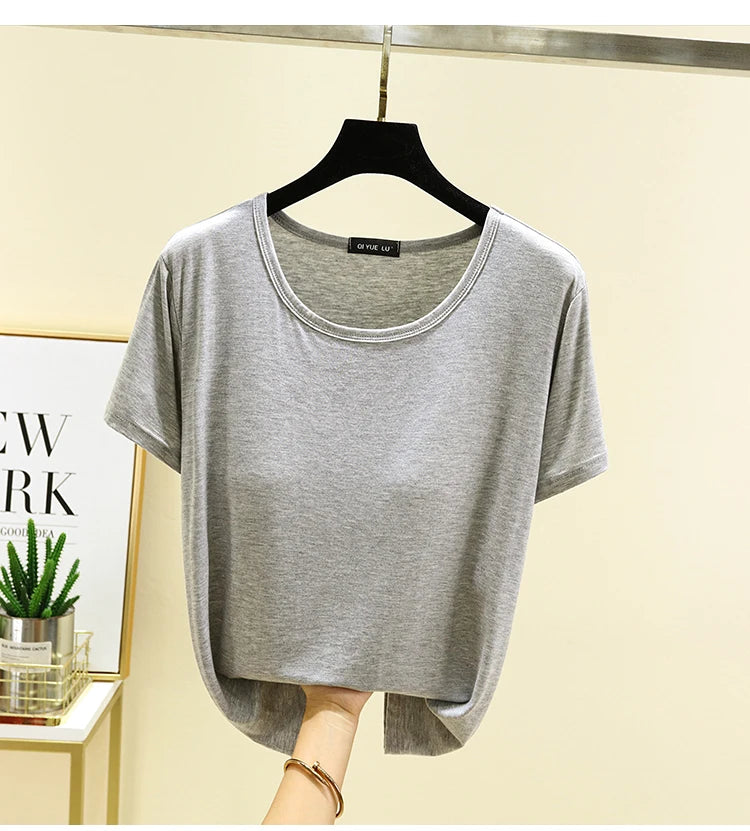 Loose Modal T-irt Women's Spring Summer round Ne ort Sve Built-In Bra Large Size Base irt Casual Sle Summer Top