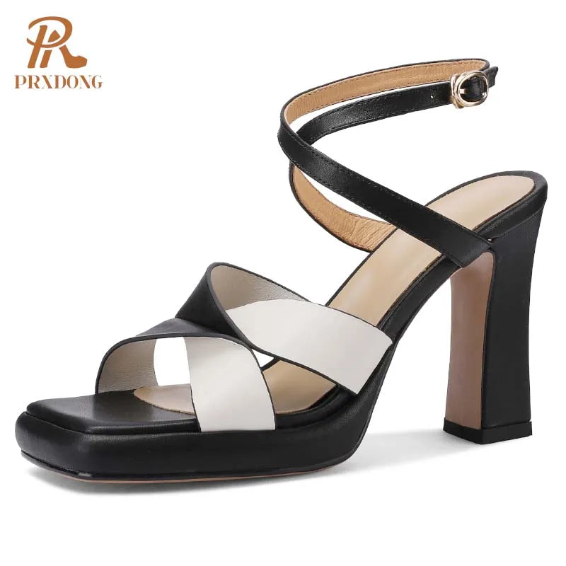 Women's Elegant Genuine Leather Summer High Heels Platform Ankle Strap Sandals 2024 Size 33-43