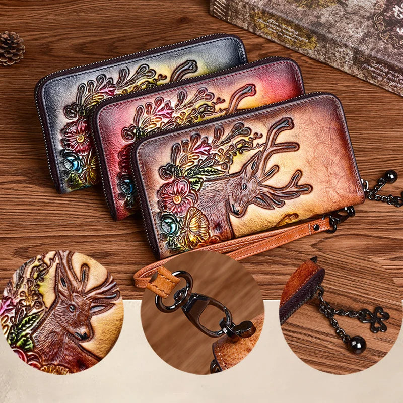 MOTAORA Vintage Women Long Wallets Deer Pattern Bag 2025 Genuine Leather Handmade Embossing Ladies Wallet Phone Bags Woman Purse