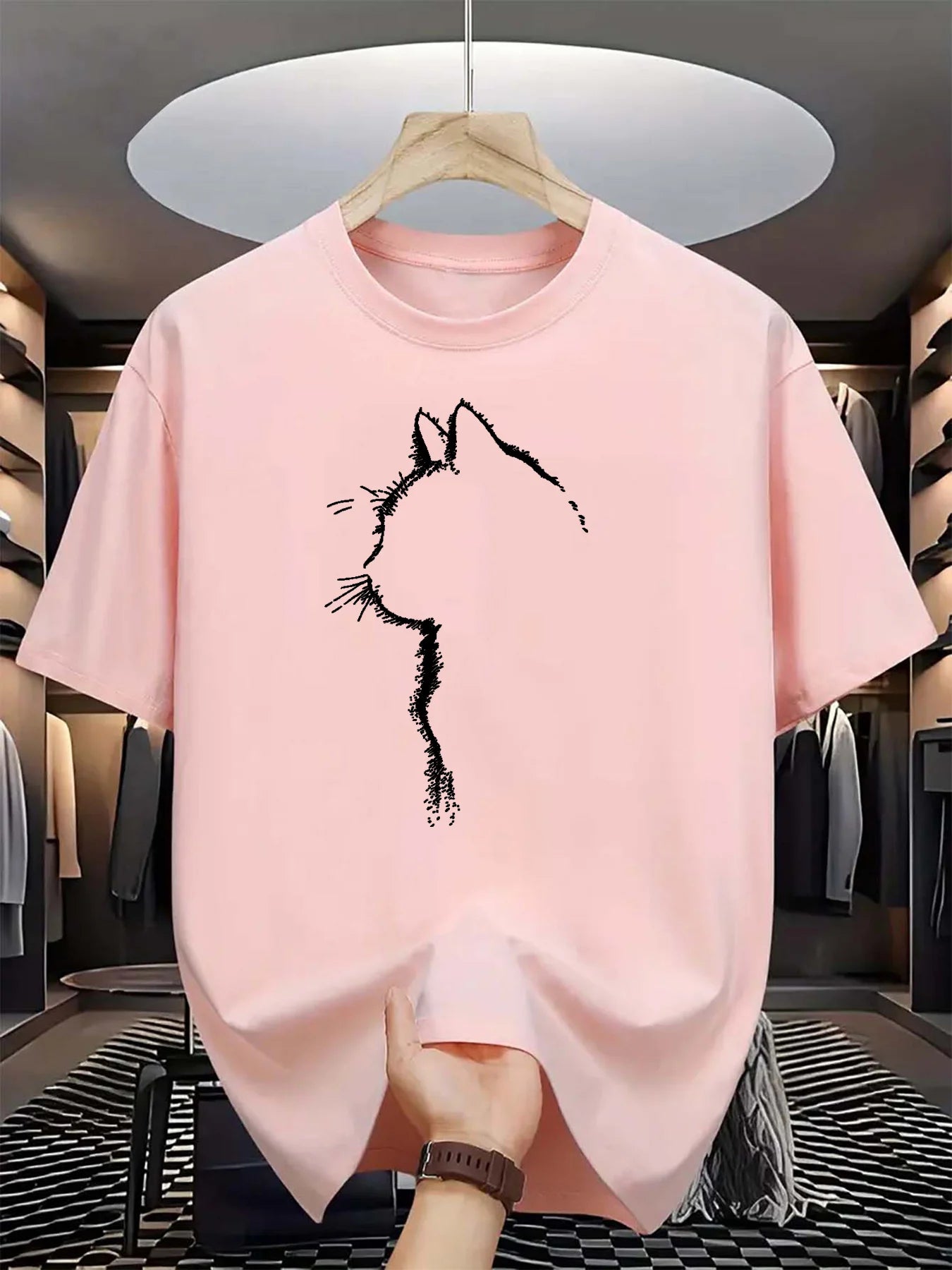 Summer men's 100% pure cotton casual sports loose cat pattern printed comfortable round neck short sleeved T-shirt top
