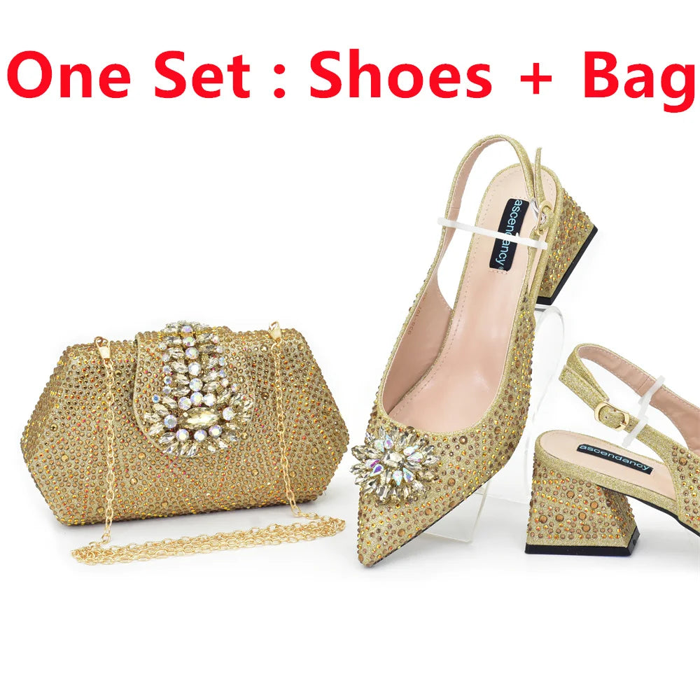 Elegant Baldauren Women’s Italian-Style Pointed Toe Slingback Pumps with Crystal Rhinestones & Matching Bag – African Party & Wedding Set (Sizes 37-43)
