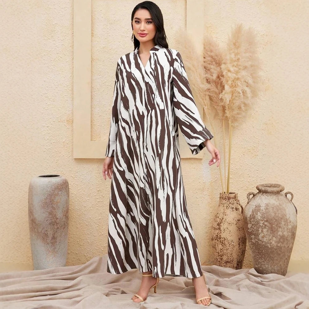 Plus Size Rafiah Women's Summer Arabian Dress 2025 Zebra-Stripe Contrast Color Long Sleeve Half Open Collar Long Dress