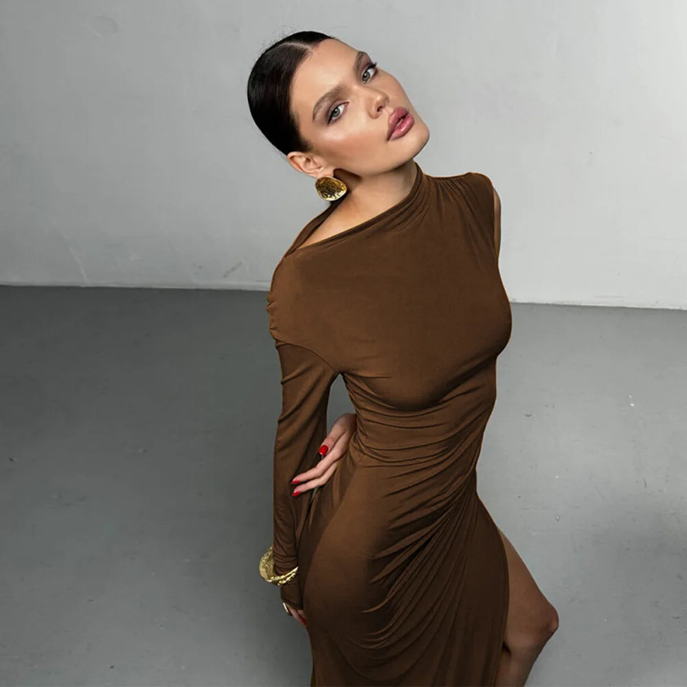 Articat Elegant Single Sleeve High Elasticity Tight Fold Dress Women New 2025 Winter Party Club Evening Dress Bodycon Vestdos