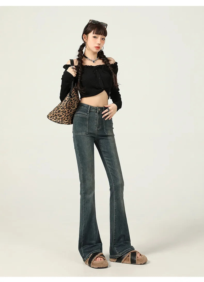 American Style Vintage Jeans Women's Slim Fit High Street Bootcut Pants 2024 Autumn Winter Slimming Petite Bootcut Trousers