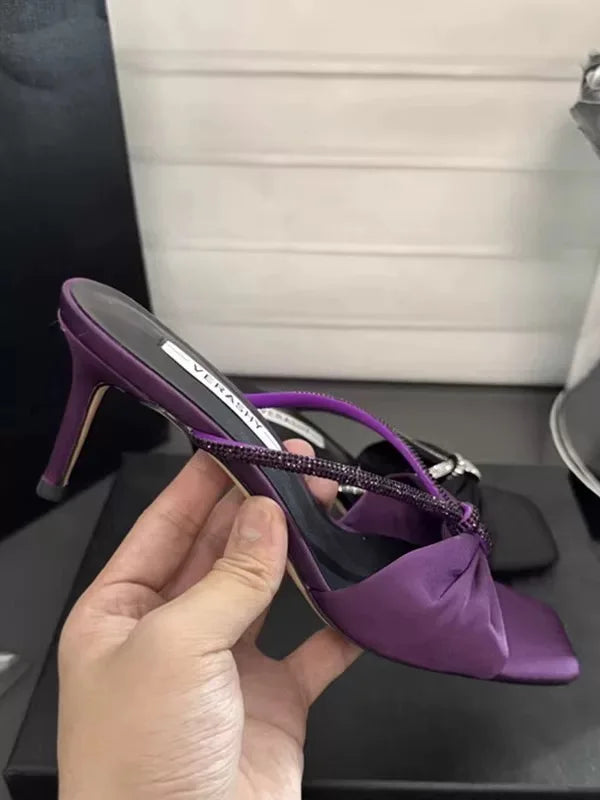 Leopard Satin Rhinestone One-Strap Sandals Women 2025 Summer New Bow Open-Toe Thin High-Heeled Slippers Casual Fashion pump