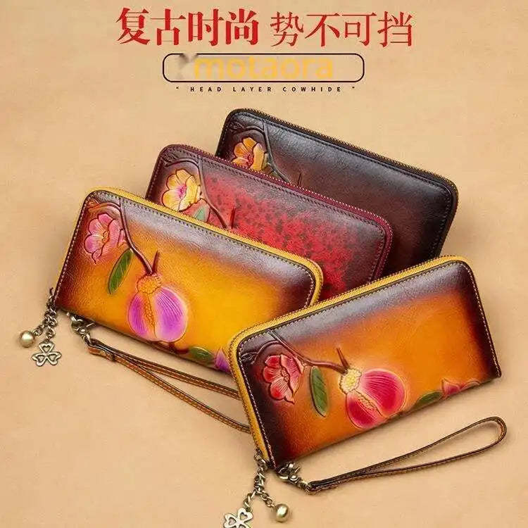 MOTAORA Vintage Genuine Leather Women's Long Wallet | RFID Protected Zipper Purse with Card Holders & Phone Pocket