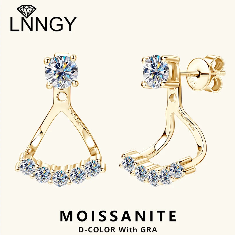 Lnngy 5mm 0.5ct Round Cut Moissanite Earring for Women 925 Sterling Silver Stud Earrings Front And Back Ear Jacket Jewelry Gift