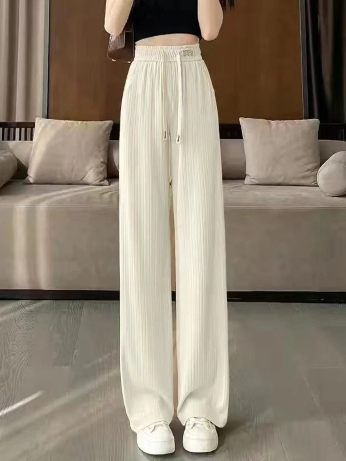 High Quali Ice Silk Wide Leg Pants Women's Straight Leg Casual Trousers Summer New Sle Trendy High Waist Nine Points
