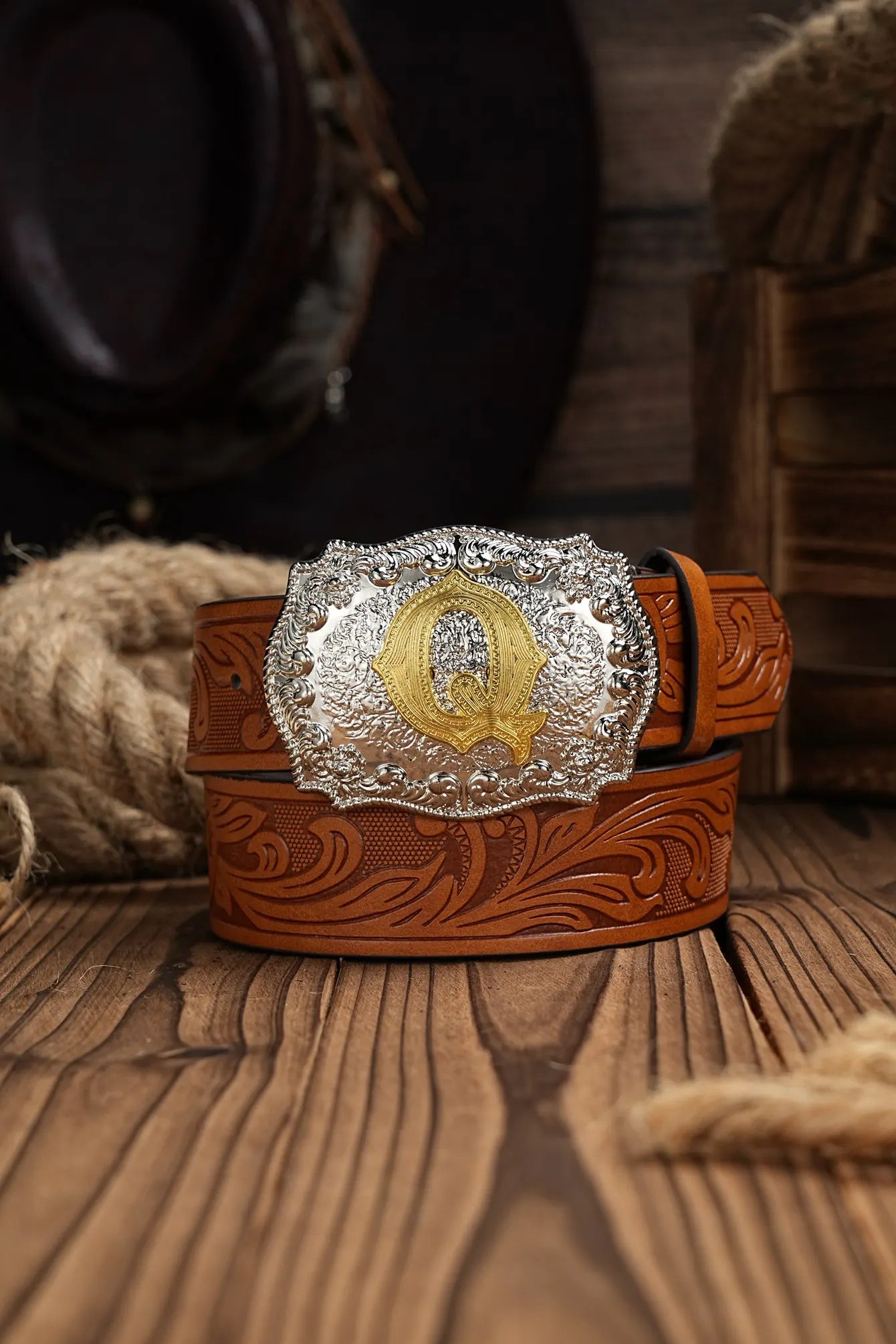 Western Cowboy PU Leather Belt - Men Waist Strap Bull Decoration Floral Engraved for Jeans