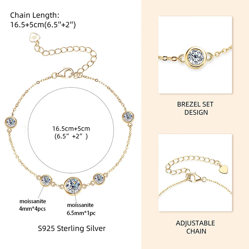 Anizw 2024 New 18k Gold Plated Bracelet 925 Silver Chain 2mm D Color Bezel Moissanite Bracelets Fashion Women's Jewelry Gifts