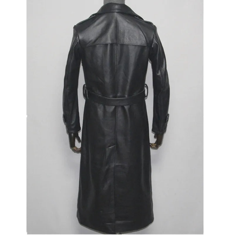 Men's Leather Trench Coat, Genuine Cowhide, Double Breasted, Extended Length Trench Long Coat Windproof Belt, Autumn Winter,6XL