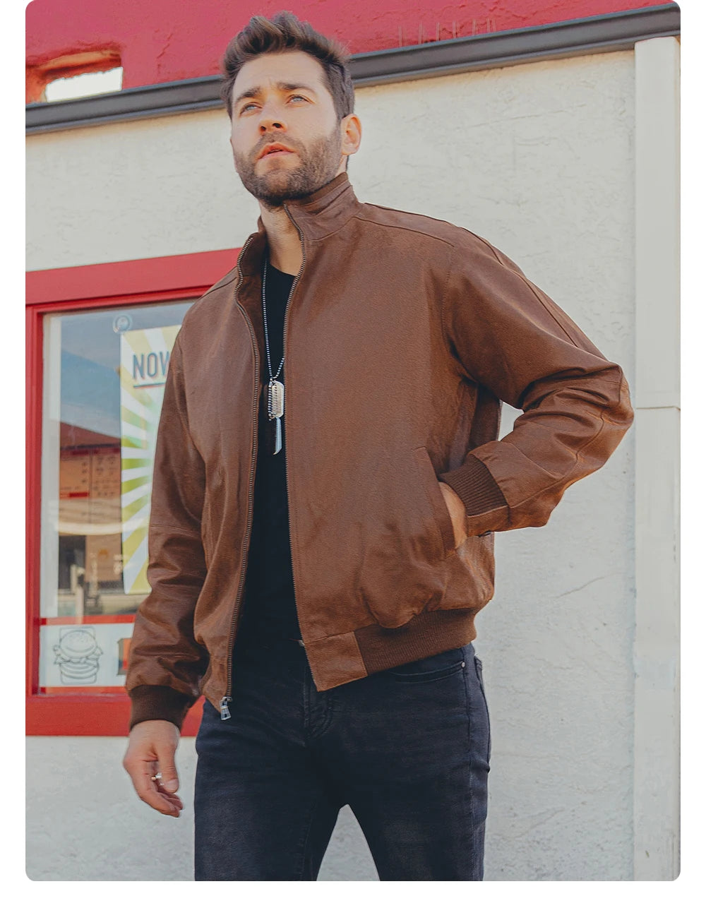 Men’s Pigskin Leather Bomber Jacket – Casual Stand Collar Leather Coat