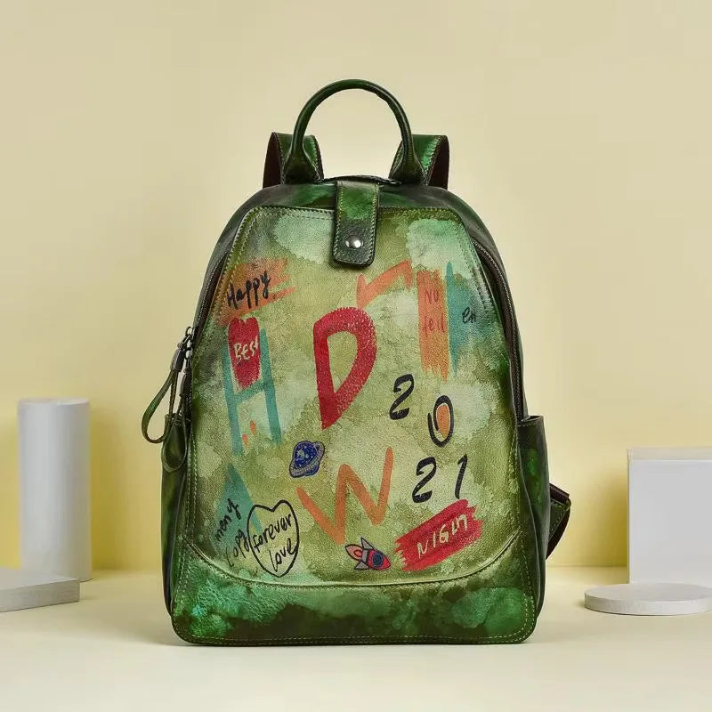 MOTAORA 2025 New Retro Genuine Leather Backpack For Women Hand-painted Graffiti Design Cowhide Travel Bag For Everyday Use