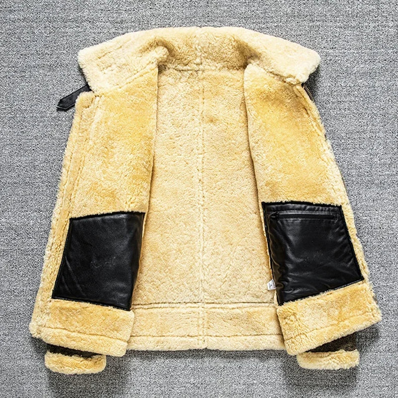 2025 Winter High Quality Genuine Leather Jacket Men's B3 Sheepskin Thick Fur Leather Coat Warm Motor Biker Jackets For Men 6XL