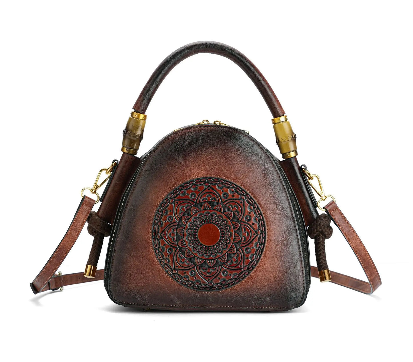 MOTAORA Bamboo Top Handle Embossed Leather Shoulder Bag, Vintage Bohemian Crossbody Purse for Women Handmade Large Capacity Tote