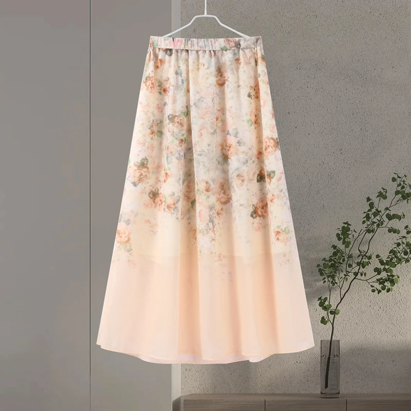 Floral Printed Two-Piece Skirt Set – Loose Full Sleeve Shirt & Pleated Maxi Skirt