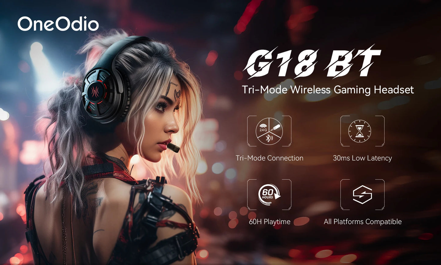 Oneodio G18BT 2.4GHz USB/Type C Wireless Gaming Headset Bluetooth 5.3 Headphones Gamer With Noise Cancelling Mic for PC PS4 PS5