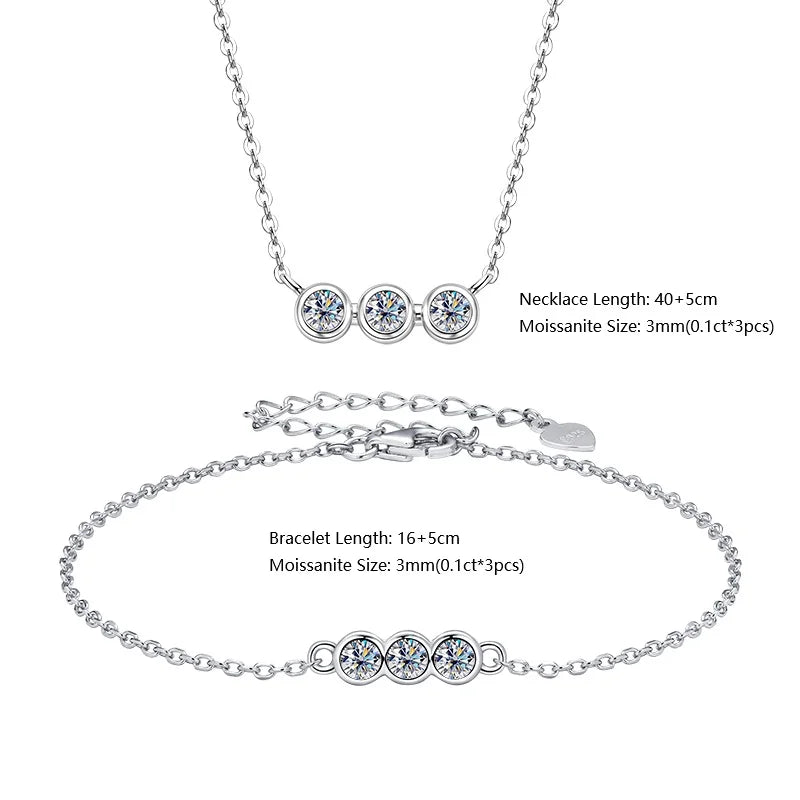 IOGOU 3mm Moissanite Jewelry Sets Real 925 Silver for Women 3 Stones Pendant Necklace Stud Earrings Set Valentine's Day Gifts