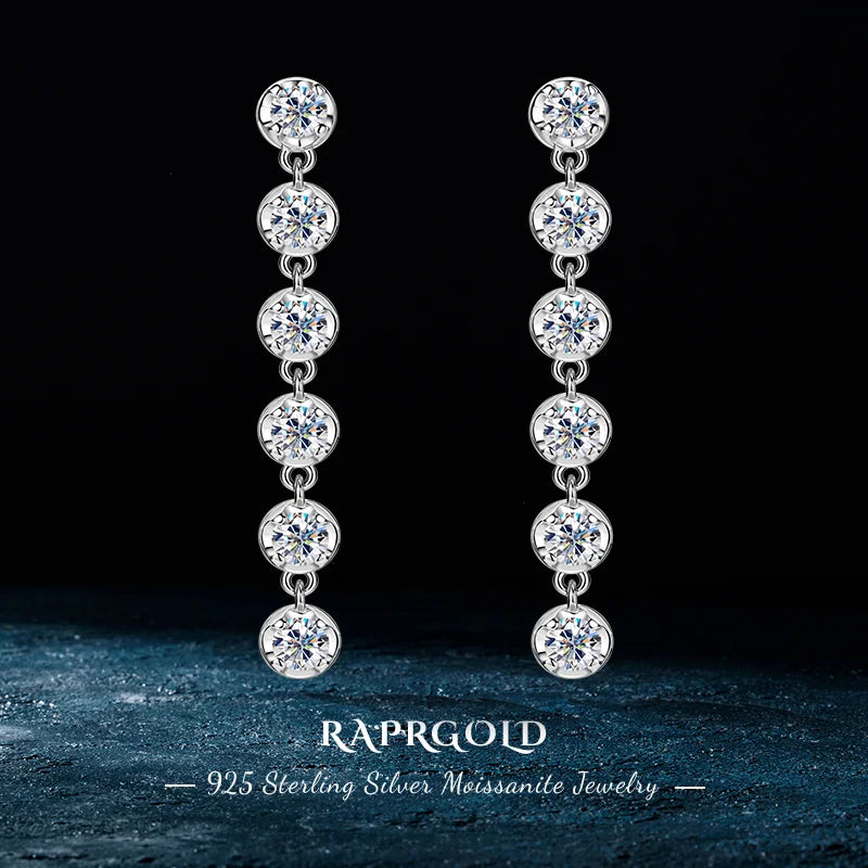 RAPRGOLD VVS1 D Color Round Cut Moissanite Stud Earrings For Women 925 Sterling Silver Tassel Chain Earring Wedding Jewelry Gift