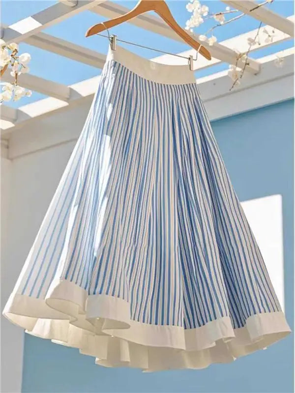 Outlet Store Blue Striped A-Line Midi Skirt Ele Ladylike Sle Korean Faion High Waist Commuter Pattern Other Material