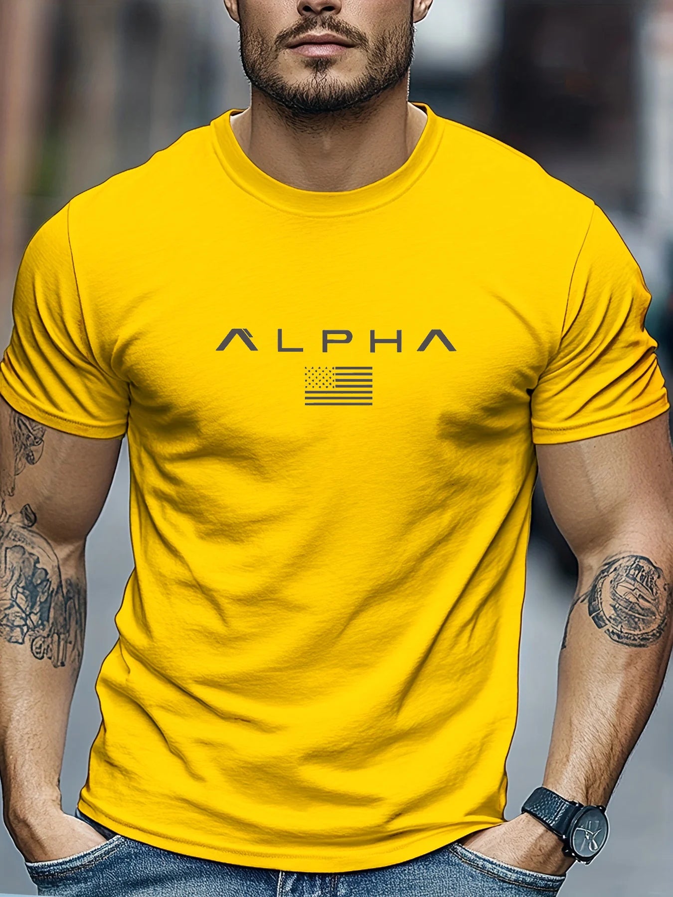 Men's summer 100 cotton ALPHA printed loose solid color multi-color optional sports round neck short sleeved T-shirt top
