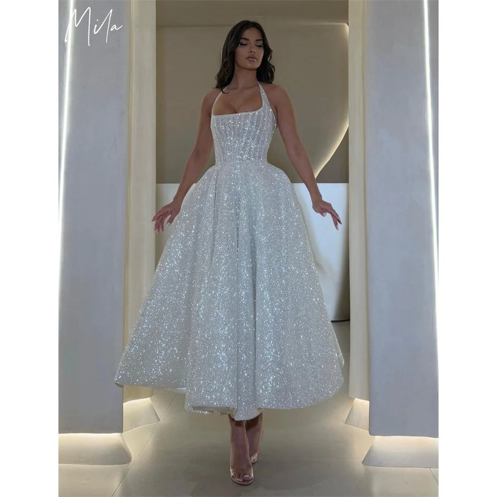 Mila Halter Neck A-Line Prom Dresses 2025 Sleeveless Shine Sequins Evening Dresses Elegant Ankle-Length Customized Party Dress