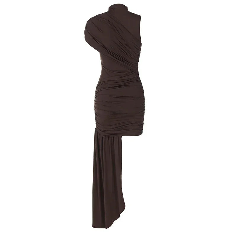 Women's Sleeveless Irregular Draped Ruched Bodycon Party Dress – Elegant Slim Fit, Floor-Length