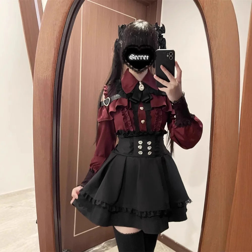 Kawaii Off Shoulder Long Sleeve Shirts Women Black Short Skirt Set Y2K Gothic Ruffle Skirts Lace Lolita Shirt Gown Suit 